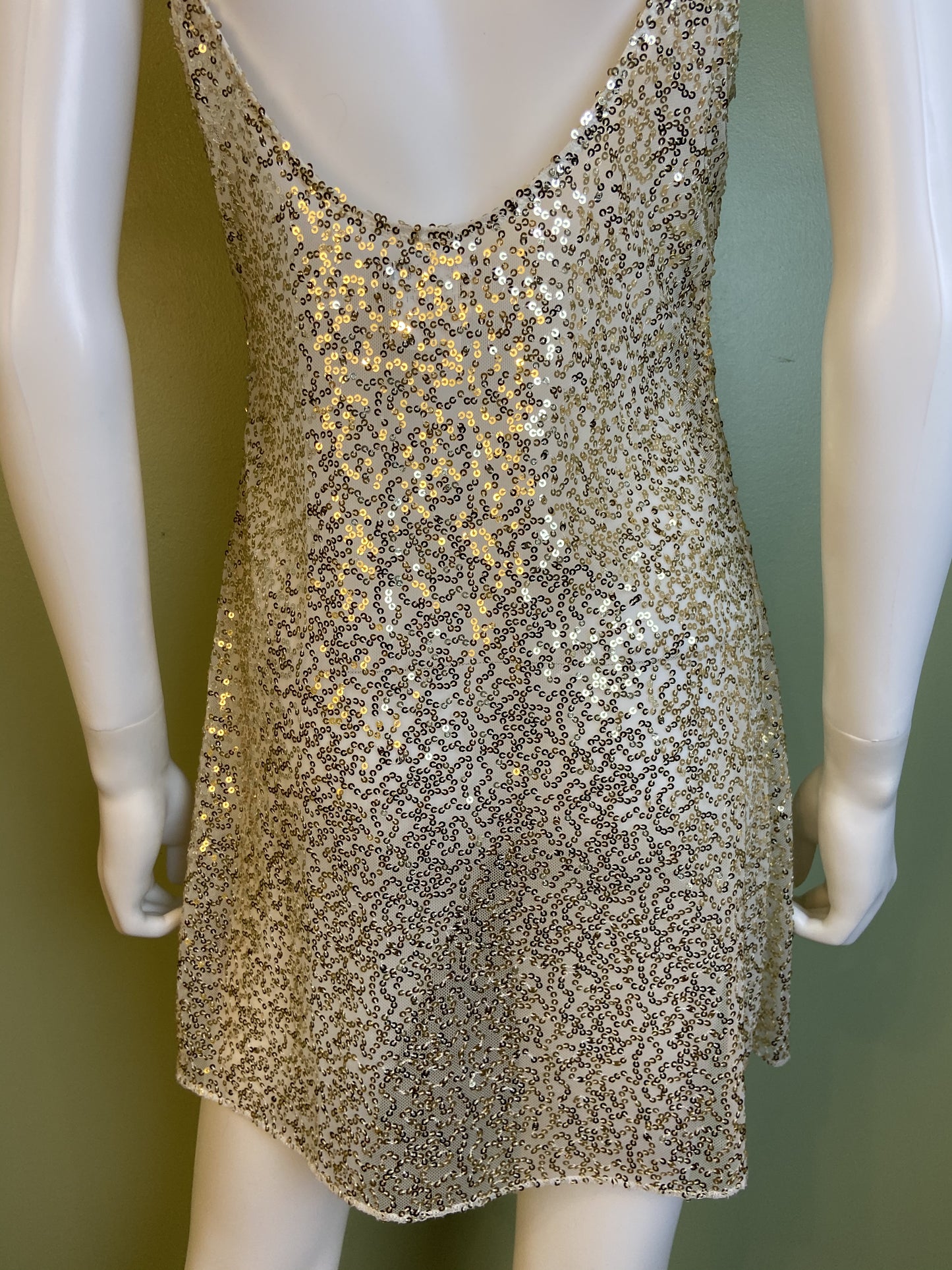 Sheer White Gold Sequin Stretch Cami Lingerie Mini Dress ABBY ESSIE Designer & Vintage