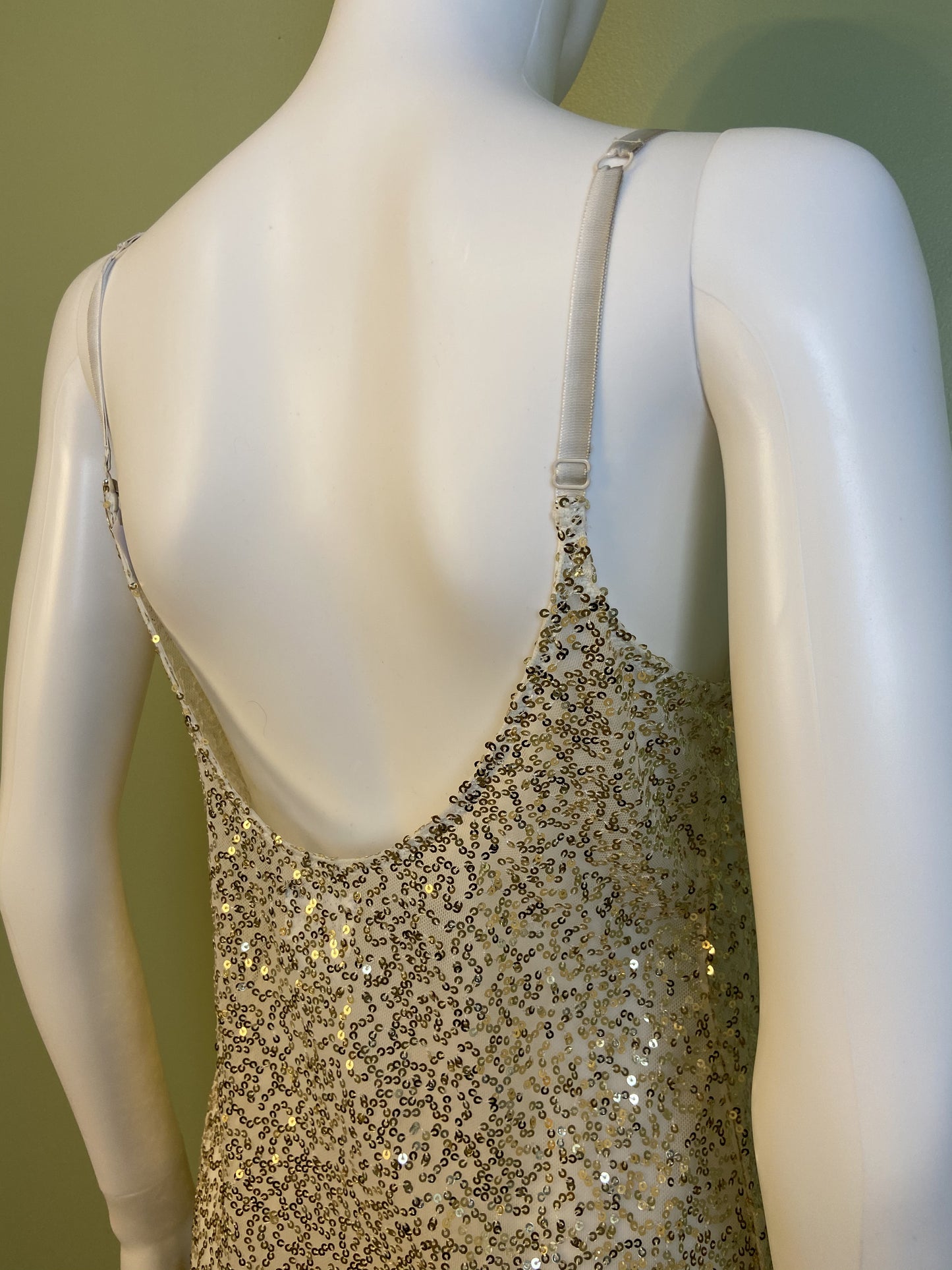 Sheer White Gold Sequin Stretch Cami Lingerie Mini Dress ABBY ESSIE Designer & Vintage