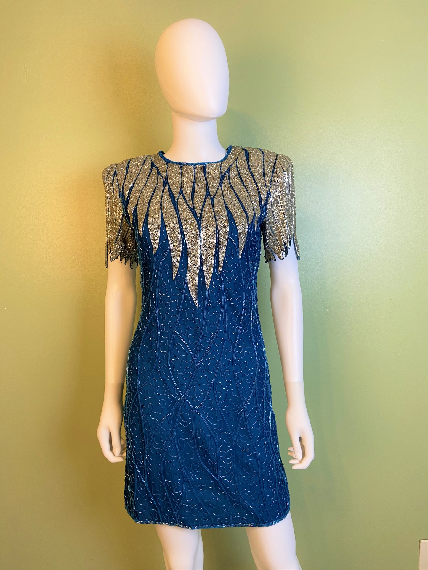 Vintage Turquoise Silver Beaded Icicle Silk Mini Dress Abby Essie