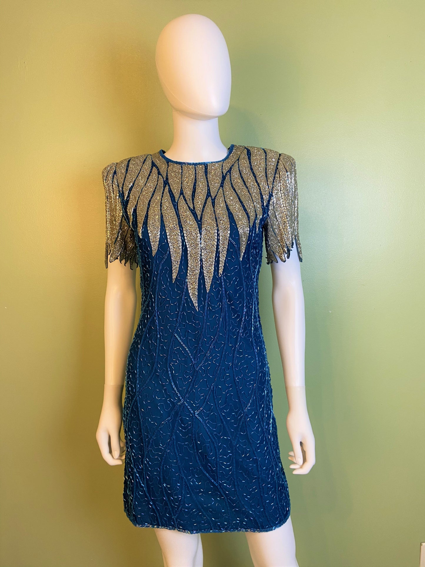 Vintage Turquoise Silver Beaded Icicle Silk Mini Dress Abby Essie