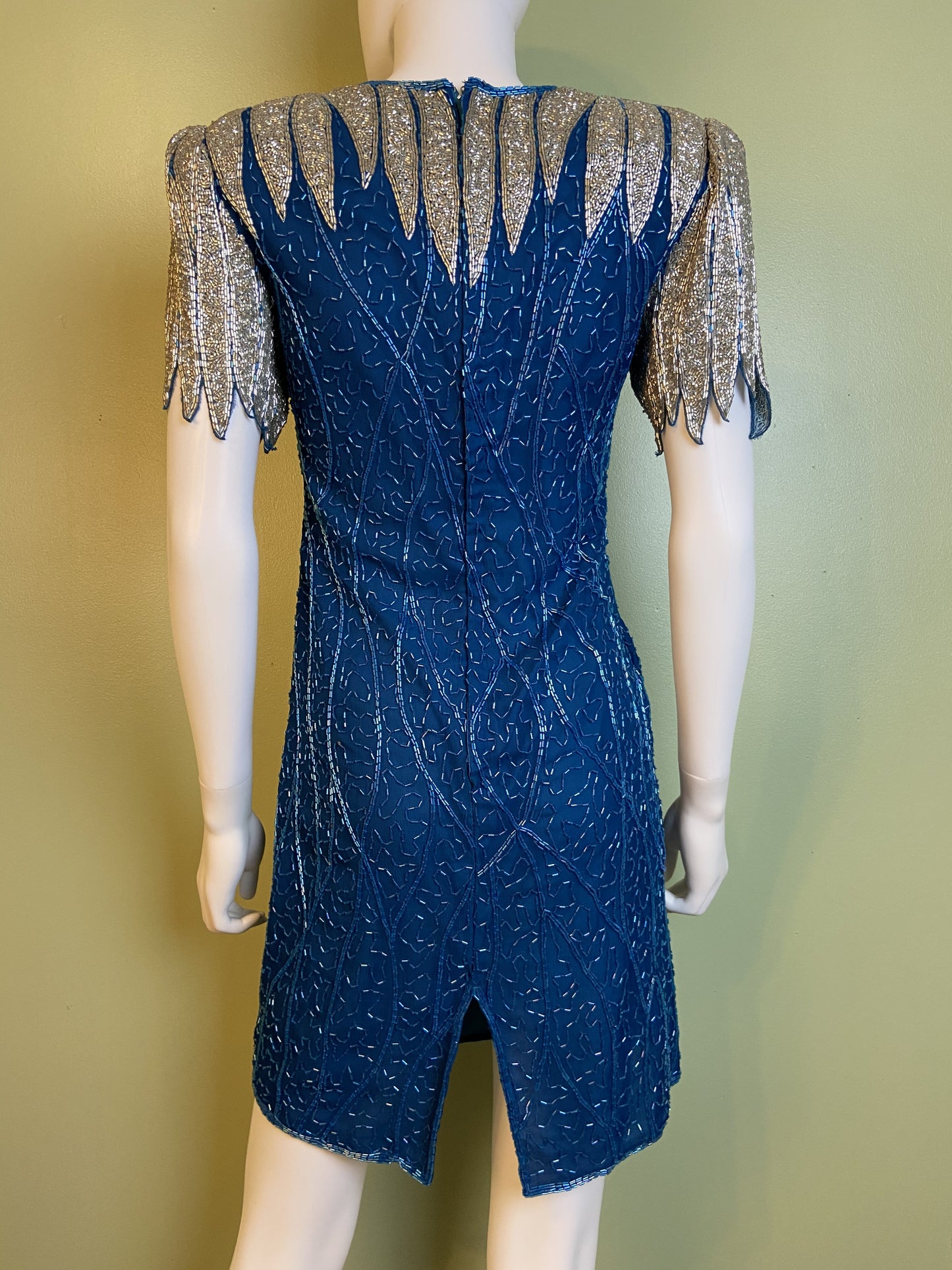 Vintage Turquoise Silver Beaded Icicle Silk Mini Dress Abby Essie