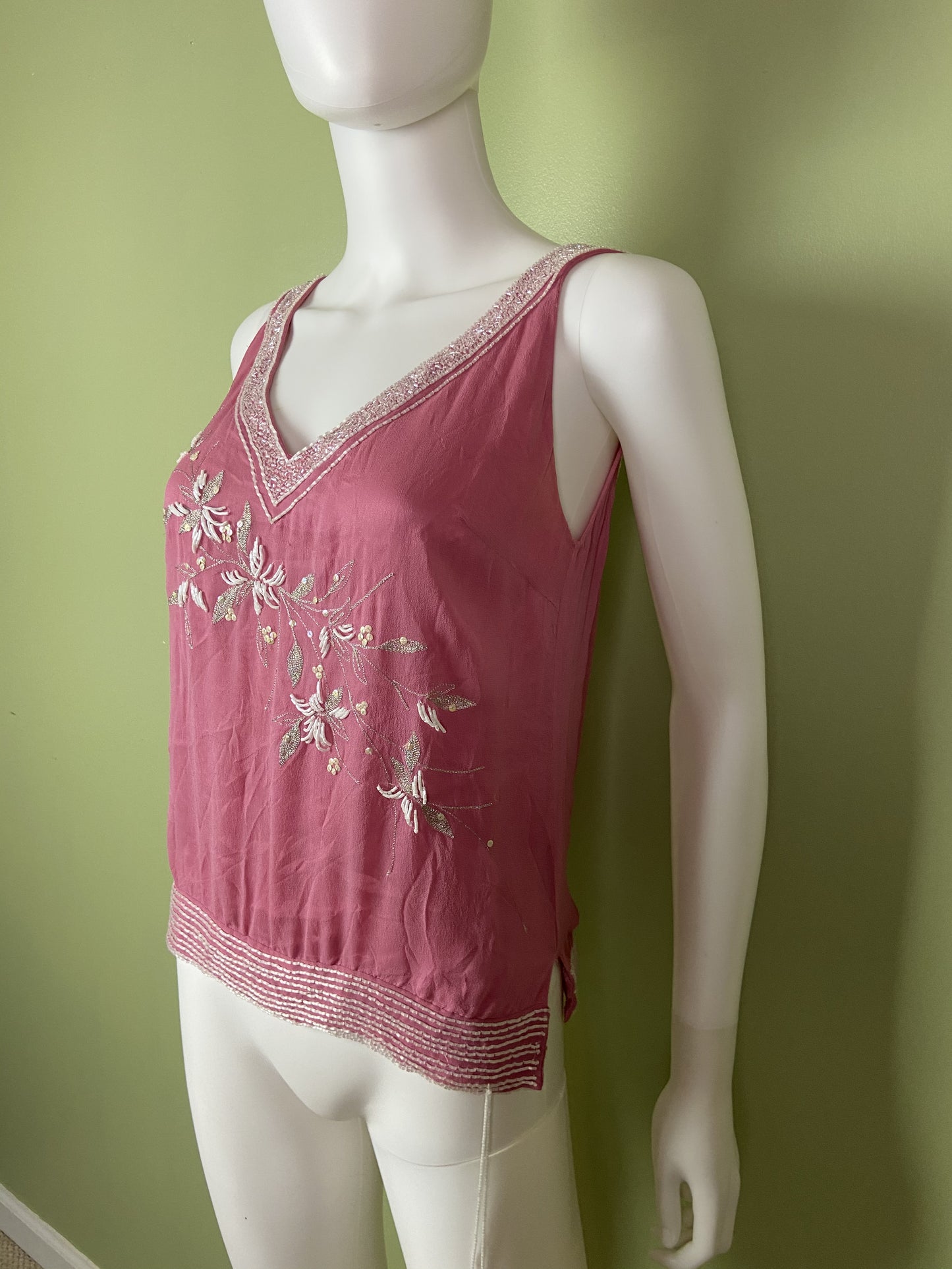 Pink Silk Beaded Sequin Tank Top Abby Essie