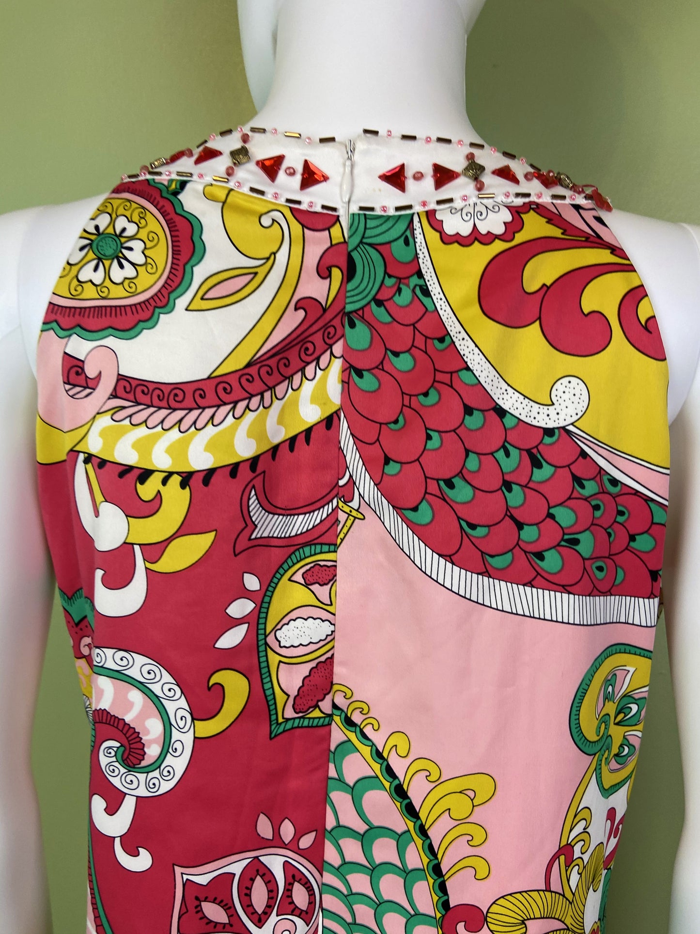 Nicole Miller Bejeweled Graphic Pink Green Silky Sheath Dress Abby Essie