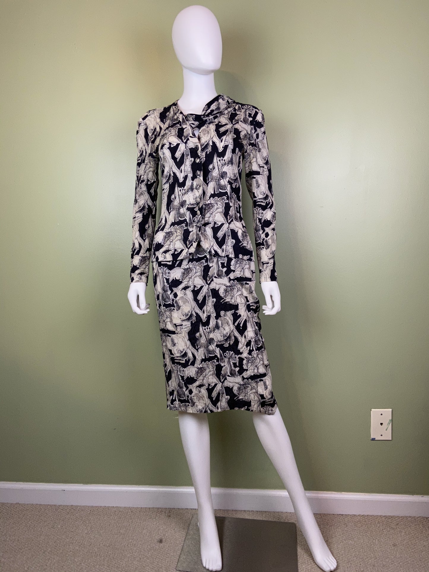 Vintage Black White Graphic Print Silk Peplum Dress Abby Essie