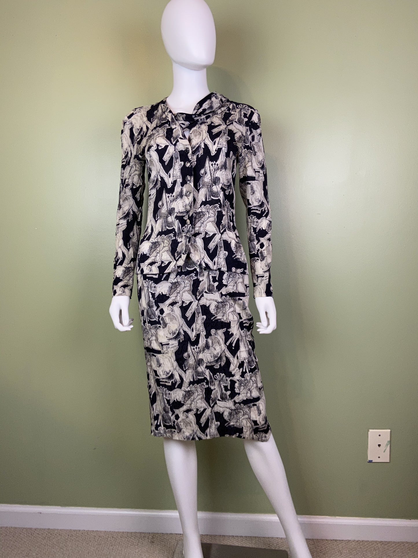 Vintage Black White Graphic Print Silk Peplum Dress Abby Essie