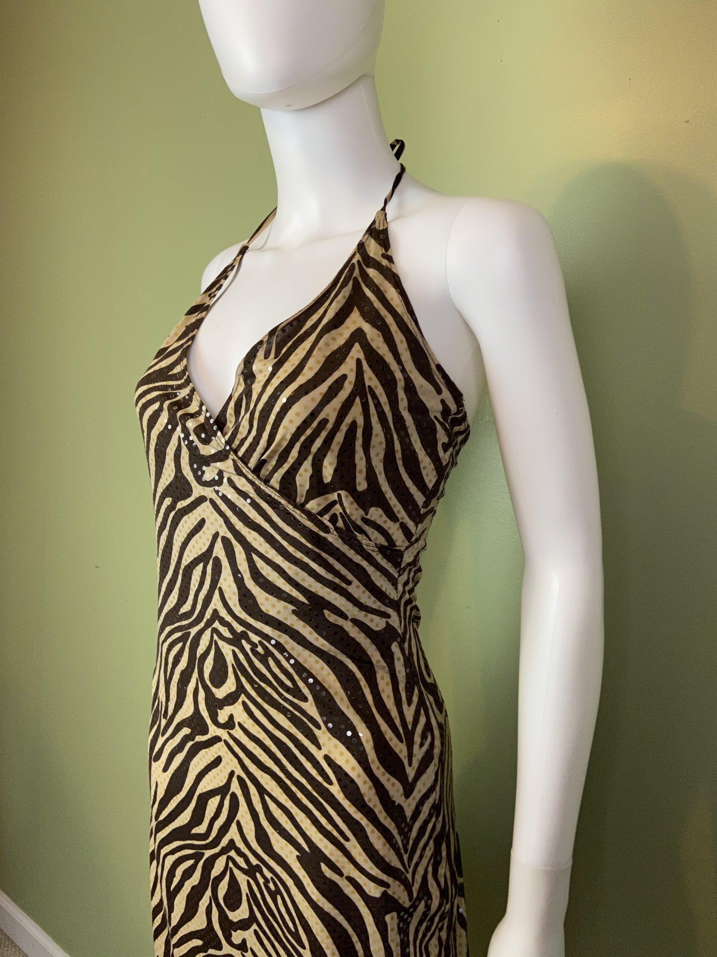 Vintage Brown Cheetah Print Sequin Stretch Wrap Dress Abby Essie