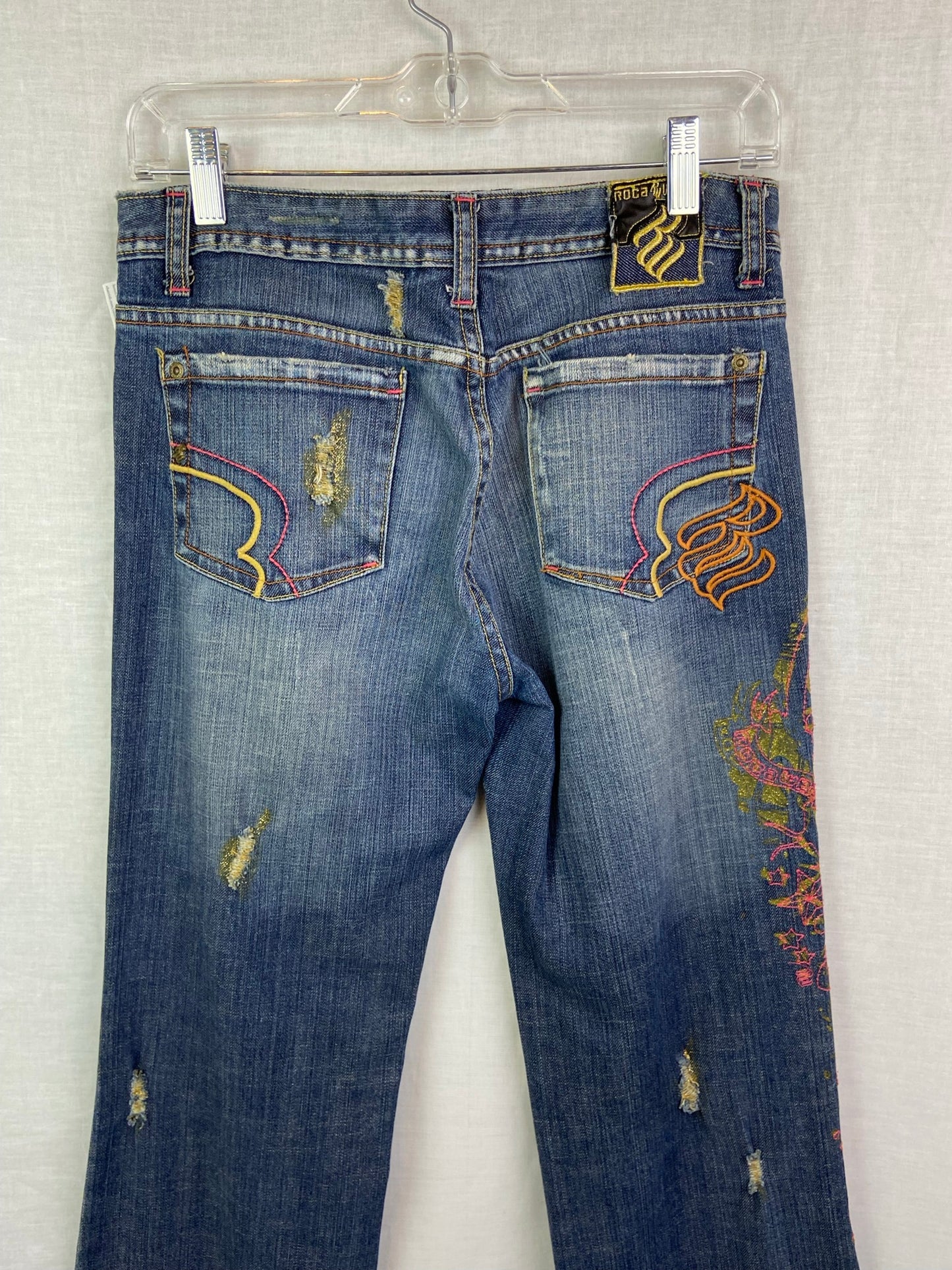 Vtg Rocawear Embroidered Gold Pink Blue Jeans Denim