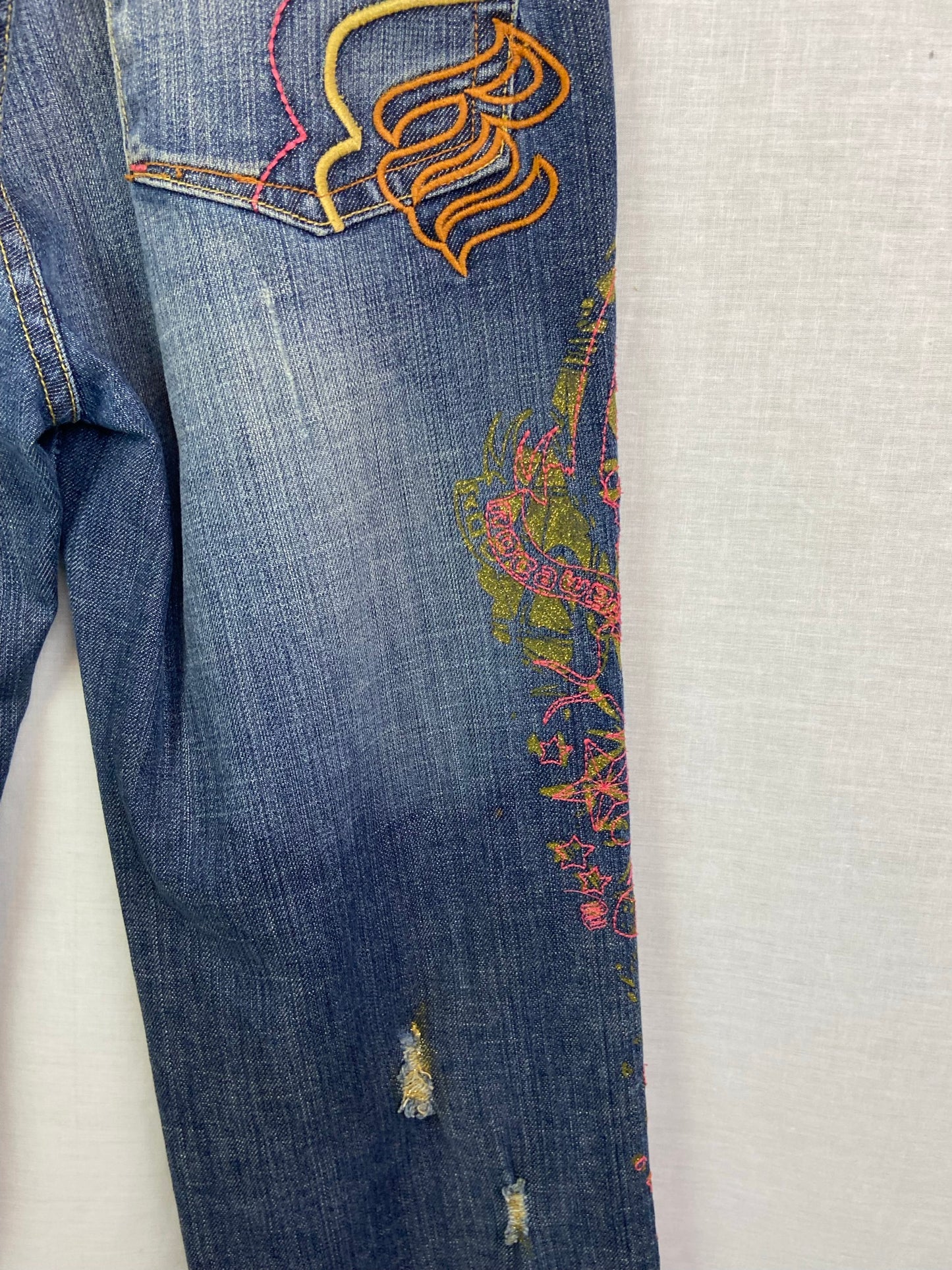 Vtg Rocawear Embroidered Gold Pink Blue Jeans Denim