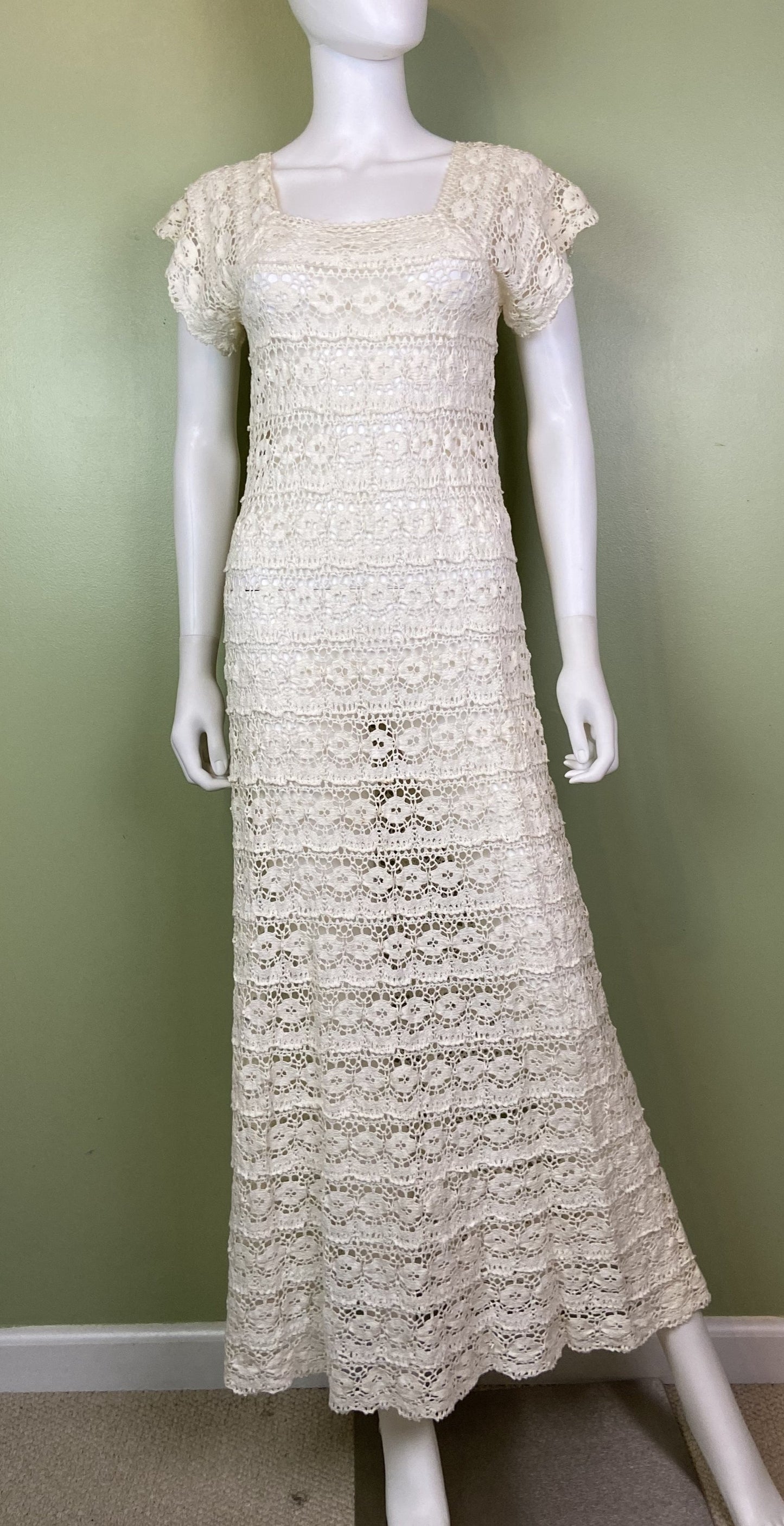 Vintage Bespoke Hand Knit Cream White Lace Crochet Gown Abby Essie