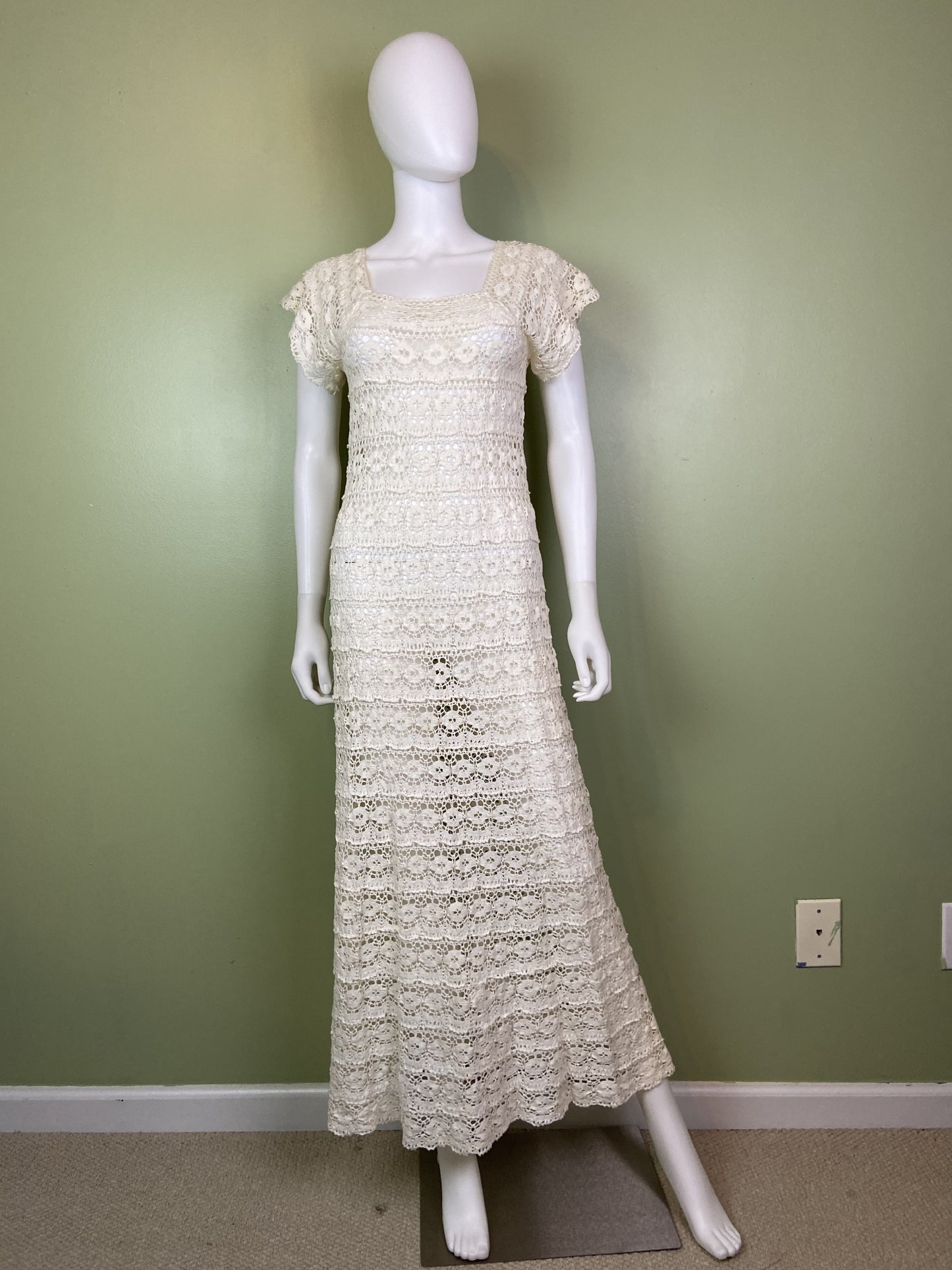 Vintage Bespoke Hand Knit Cream White Lace Crochet Gown Abby Essie