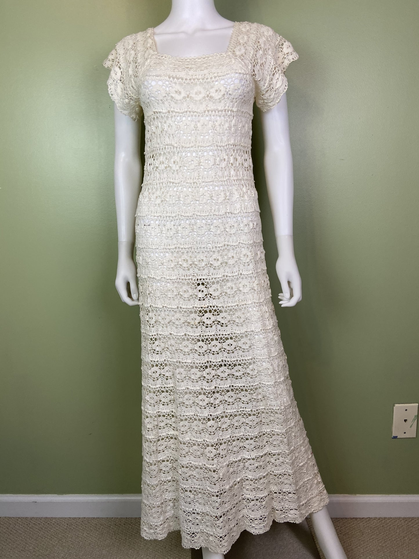 Vintage Bespoke Hand Knit Cream White Lace Crochet Gown Abby Essie