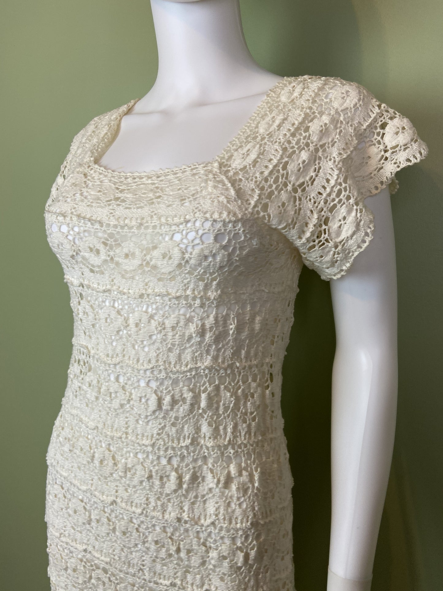 Vintage Bespoke Hand Knit Cream White Lace Crochet Gown Abby Essie