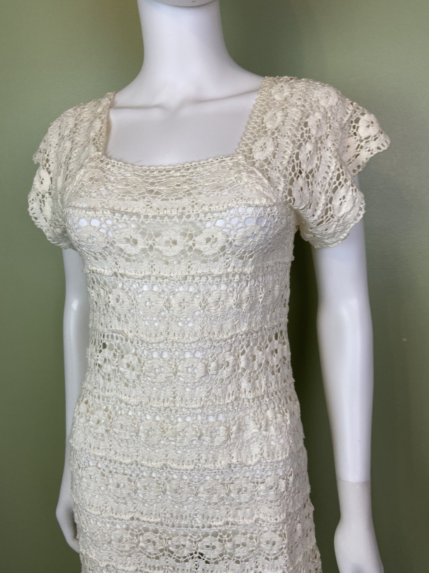 Vintage Bespoke Hand Knit Cream White Lace Crochet Gown Abby Essie