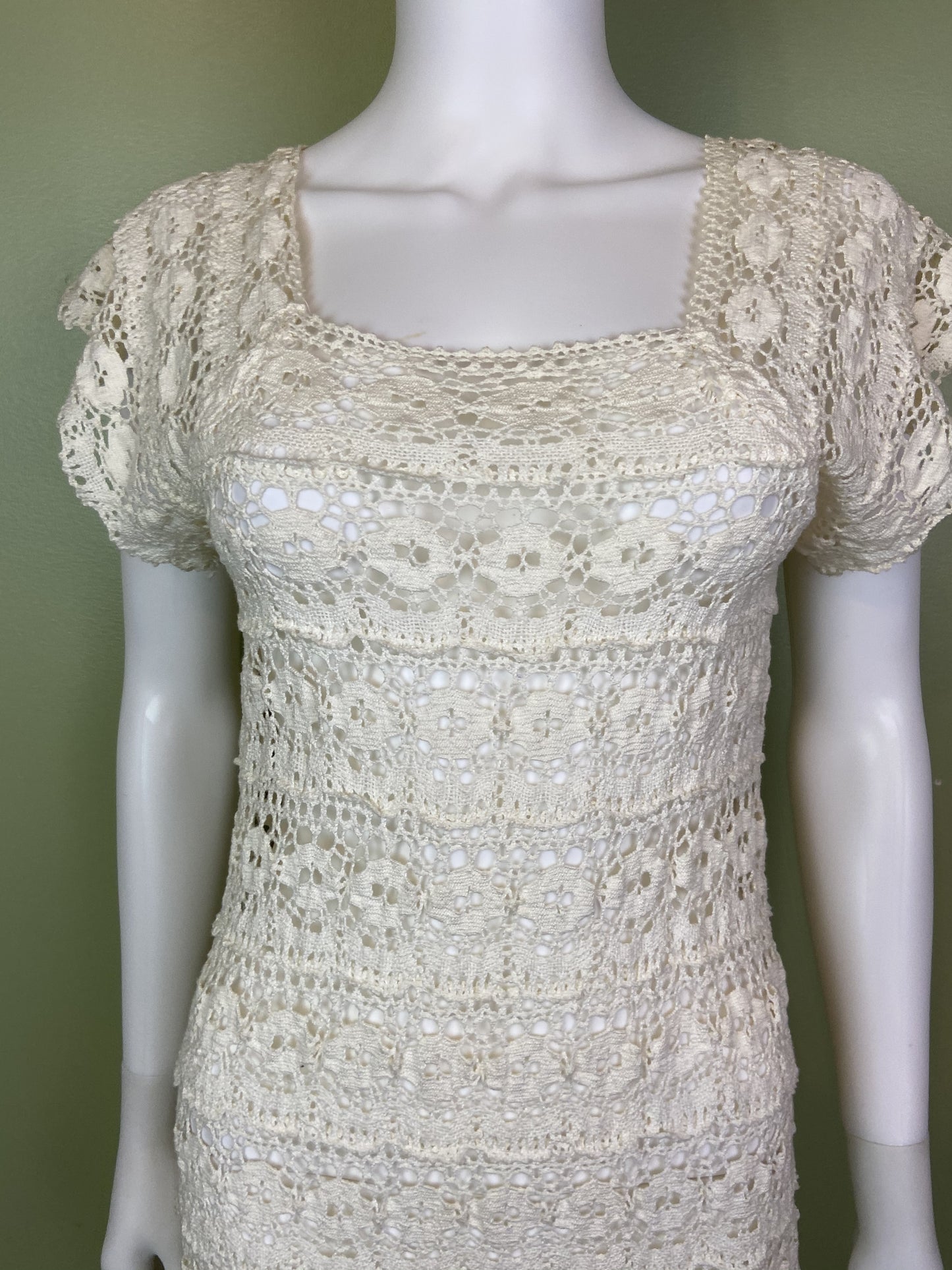 Vintage Bespoke Hand Knit Cream White Lace Crochet Gown Abby Essie