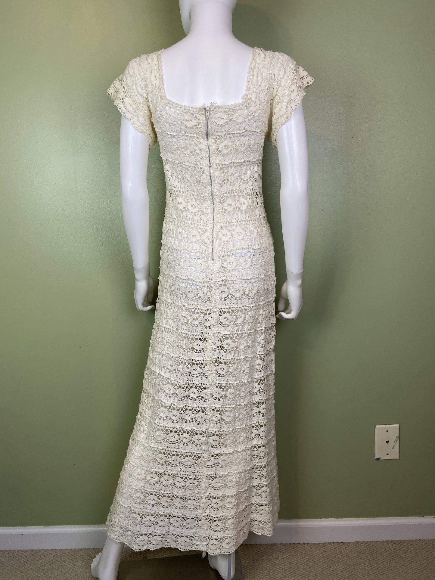 Vintage Bespoke Hand Knit Cream White Lace Crochet Gown Abby Essie