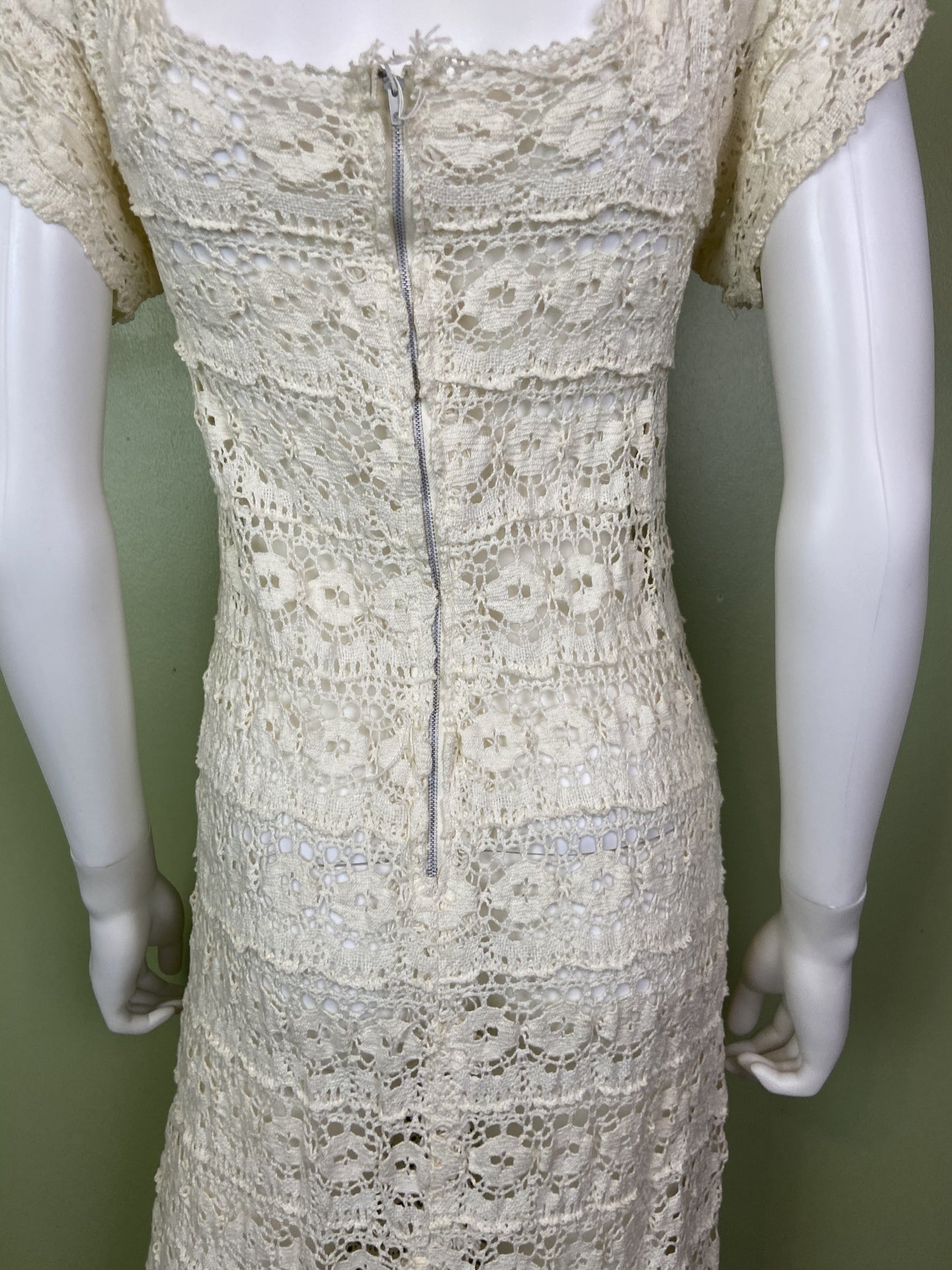 Vintage Bespoke Hand Knit Cream White Lace Crochet Gown Abby Essie