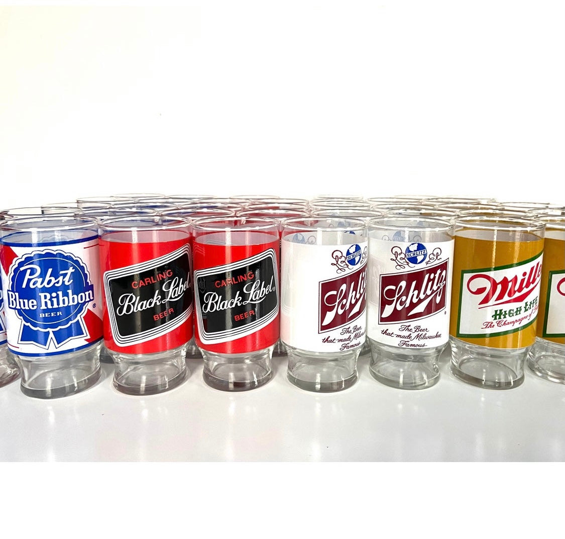 Vintage Old School Name Brand Beer Glasses Tumblers . Sets of 4 ABBY ESSIE Designer & Vintage