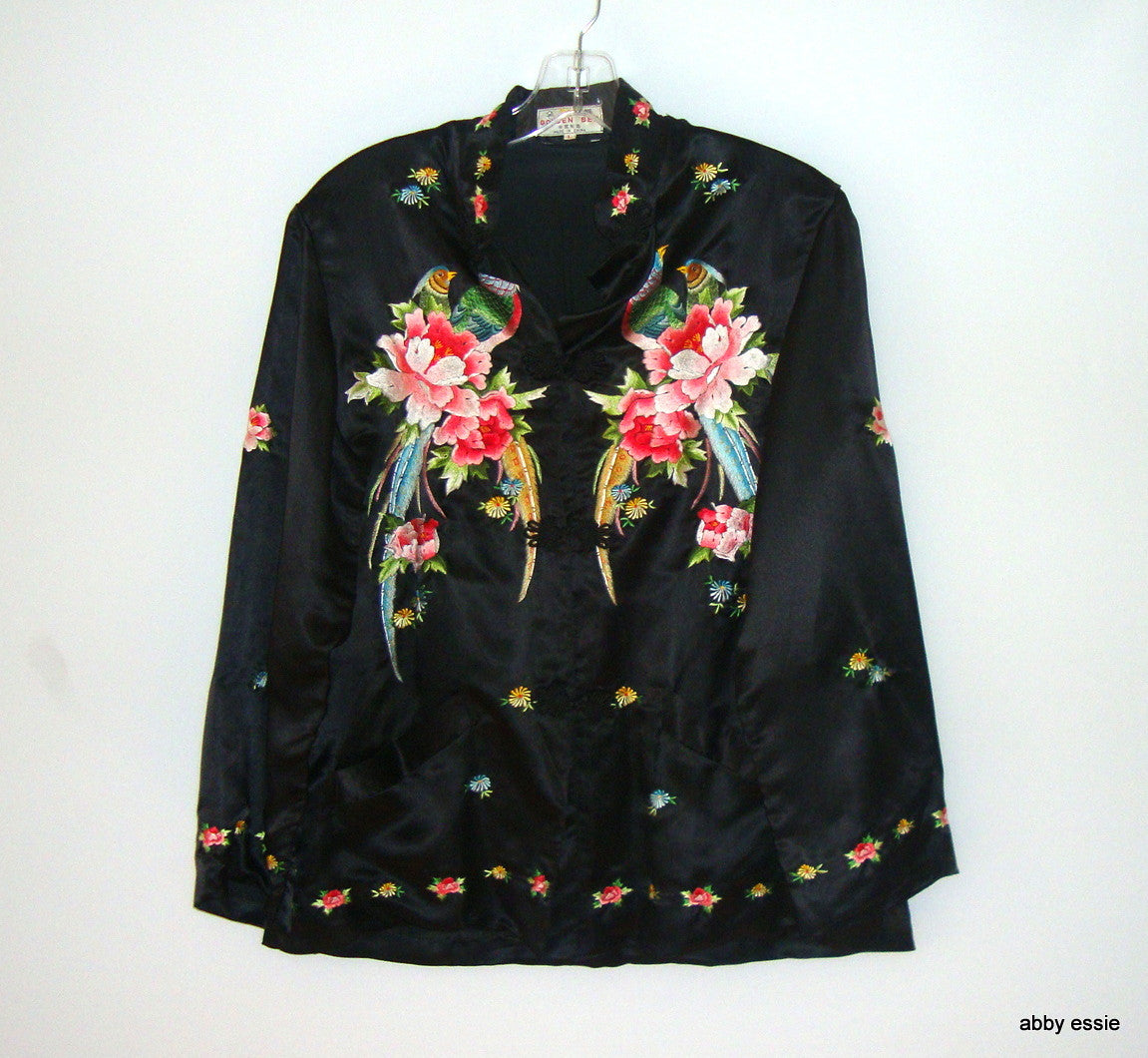 Vintage Embroidered Black Silk Satin Floral Birds Cocktail Jacket Abby Essie