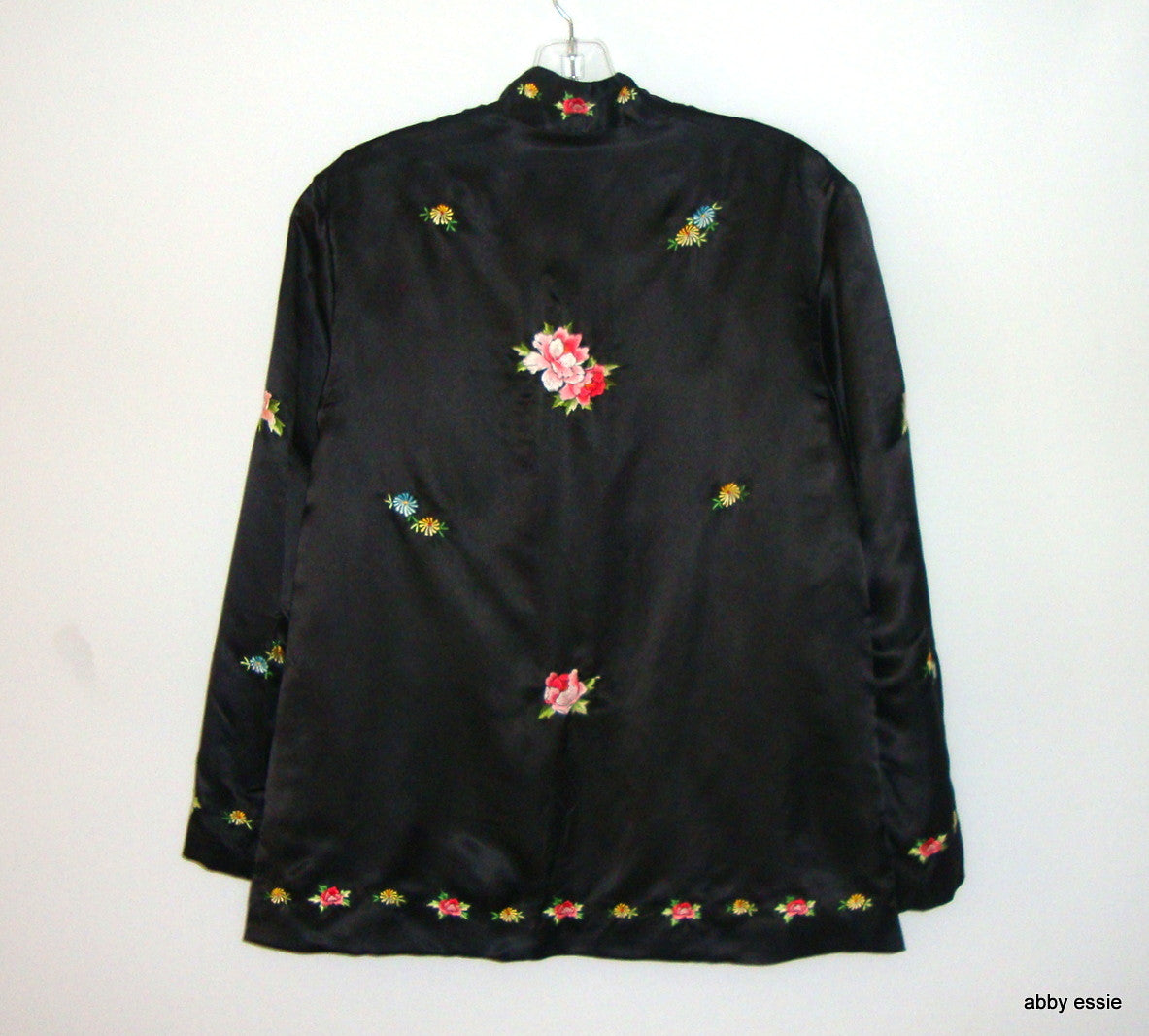 Vintage Embroidered Black Silk Satin Floral Birds Cocktail Jacket Abby Essie