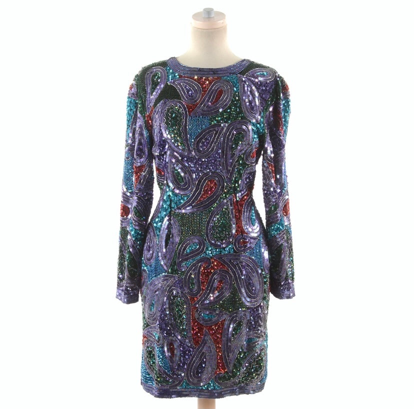 Vintage 80s Purple Multi-Color Sequin Cocktail Dress