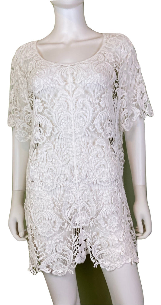 White Lace Knit Coverup Dress ABBY ESSIE STUDIOS