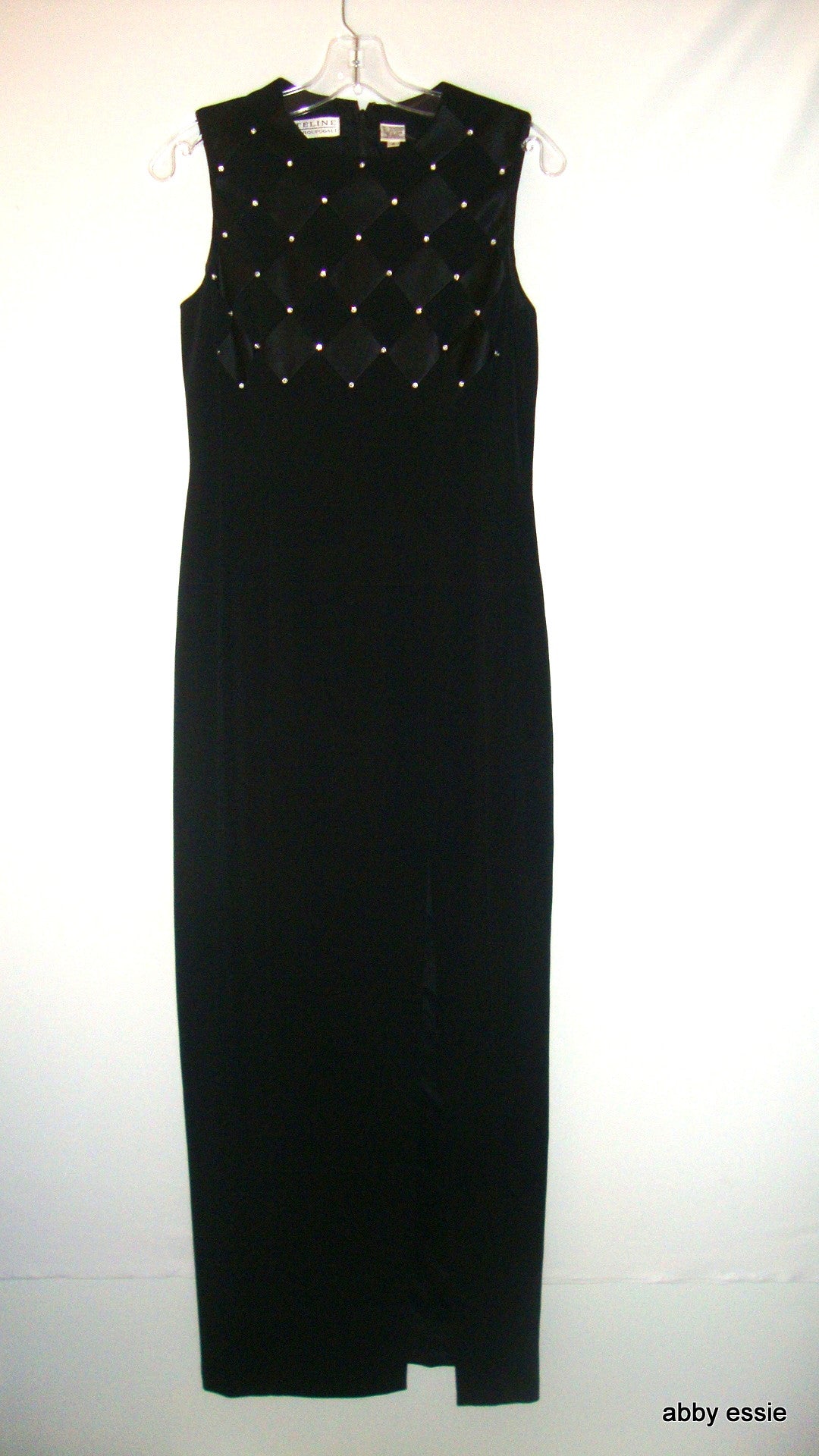 Niteline Long Black Sleeveless Tank Dress Gown W/ Rhinestone & Satin Detail Sz 4 Abby Essie