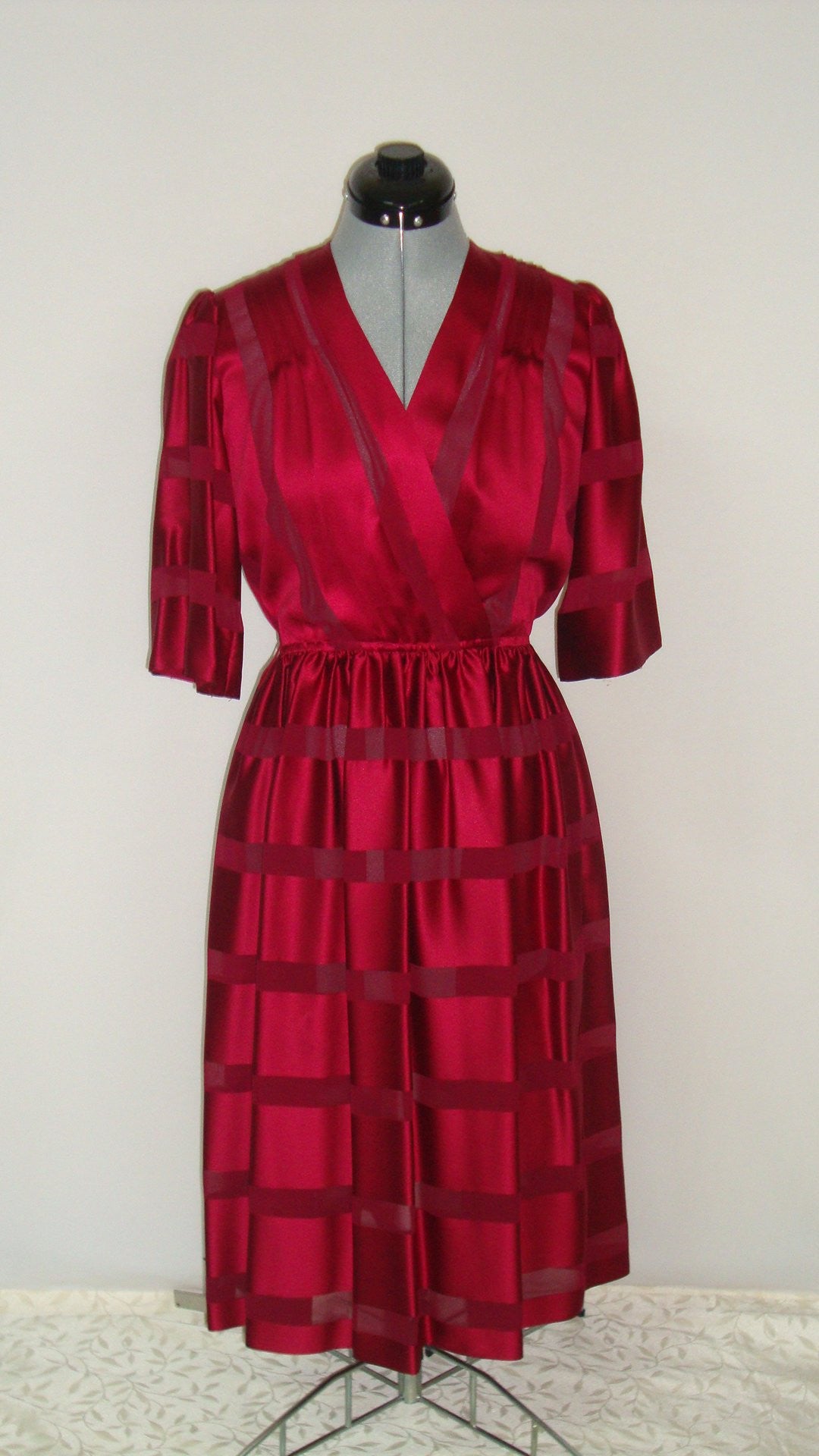 Vintage SWEET TALK RED BURGUNDY SILK STRIPED SHEER FULL SKIRT COCKTAIL DRESS SMALL 5 6 Abby Essie