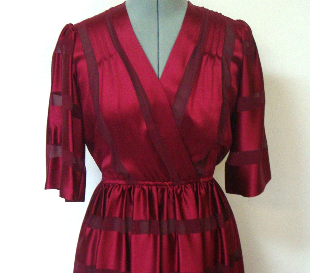 Vintage SWEET TALK RED BURGUNDY SILK STRIPED SHEER FULL SKIRT COCKTAIL DRESS SMALL 5 6 Abby Essie