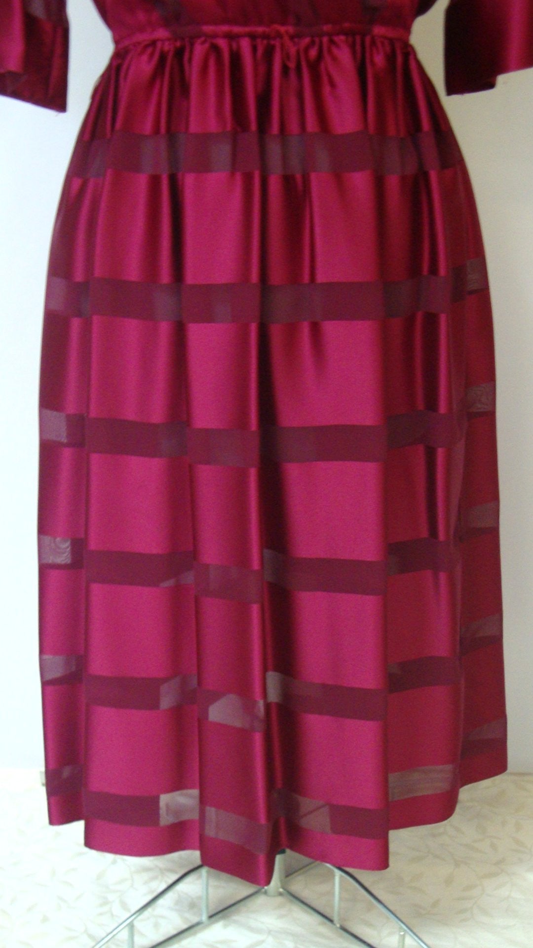 Vintage SWEET TALK RED BURGUNDY SILK STRIPED SHEER FULL SKIRT COCKTAIL DRESS SMALL 5 6 Abby Essie
