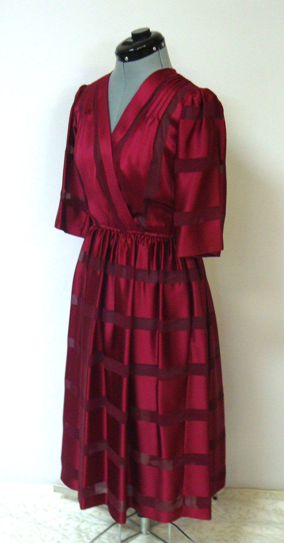 Vintage SWEET TALK RED BURGUNDY SILK STRIPED SHEER FULL SKIRT COCKTAIL DRESS SMALL 5 6 Abby Essie