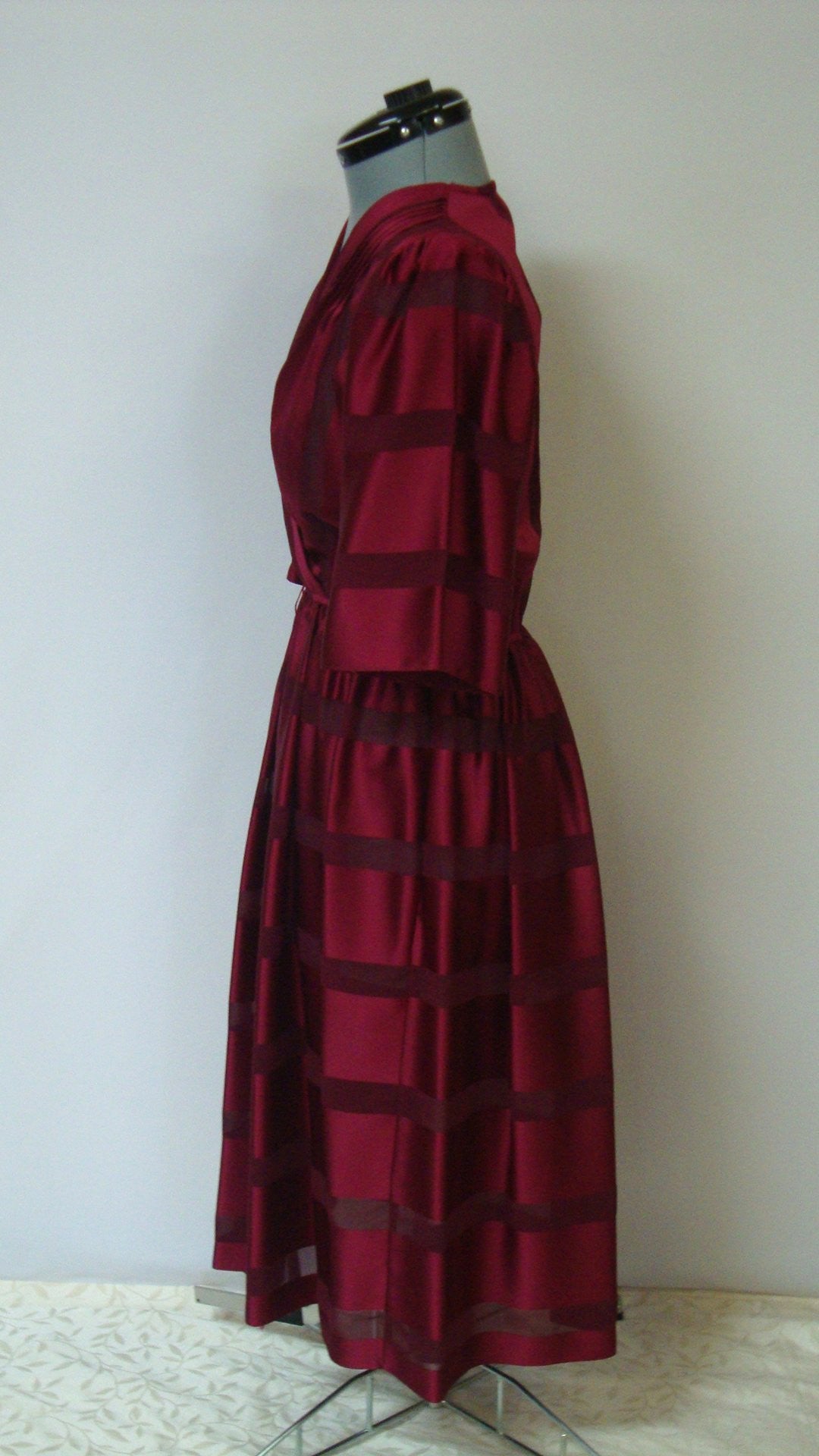 Vintage SWEET TALK RED BURGUNDY SILK STRIPED SHEER FULL SKIRT COCKTAIL DRESS SMALL 5 6 Abby Essie