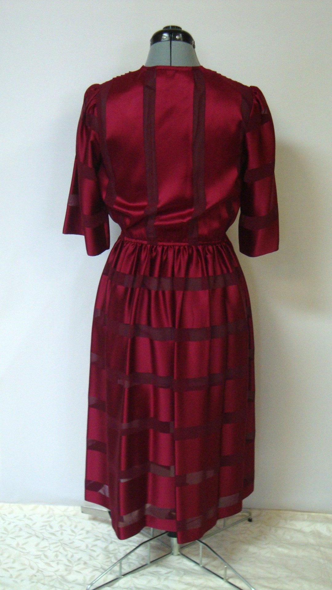 Vintage SWEET TALK RED BURGUNDY SILK STRIPED SHEER FULL SKIRT COCKTAIL DRESS SMALL 5 6 Abby Essie