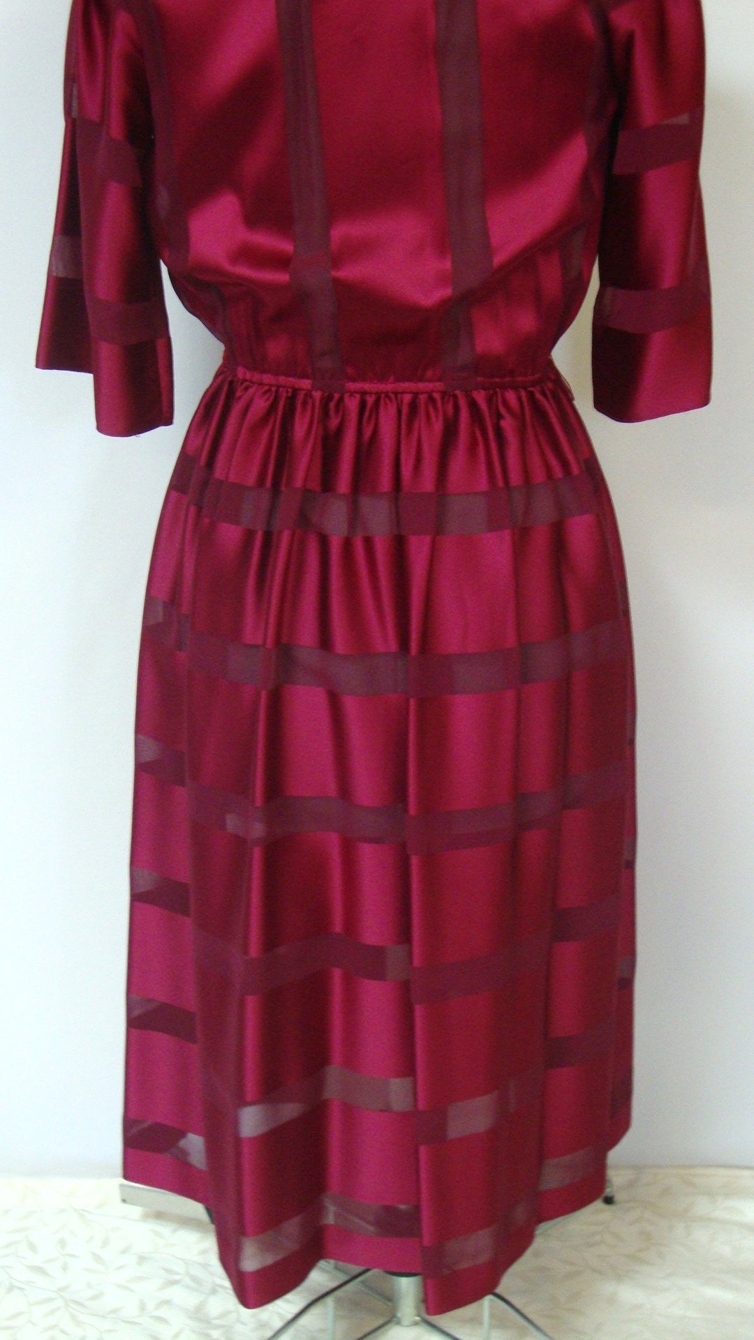 Vintage SWEET TALK RED BURGUNDY SILK STRIPED SHEER FULL SKIRT COCKTAIL DRESS SMALL 5 6 Abby Essie