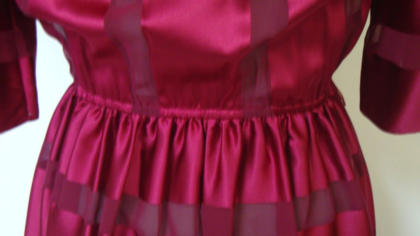 Vintage SWEET TALK RED BURGUNDY SILK STRIPED SHEER FULL SKIRT COCKTAIL DRESS SMALL 5 6 Abby Essie