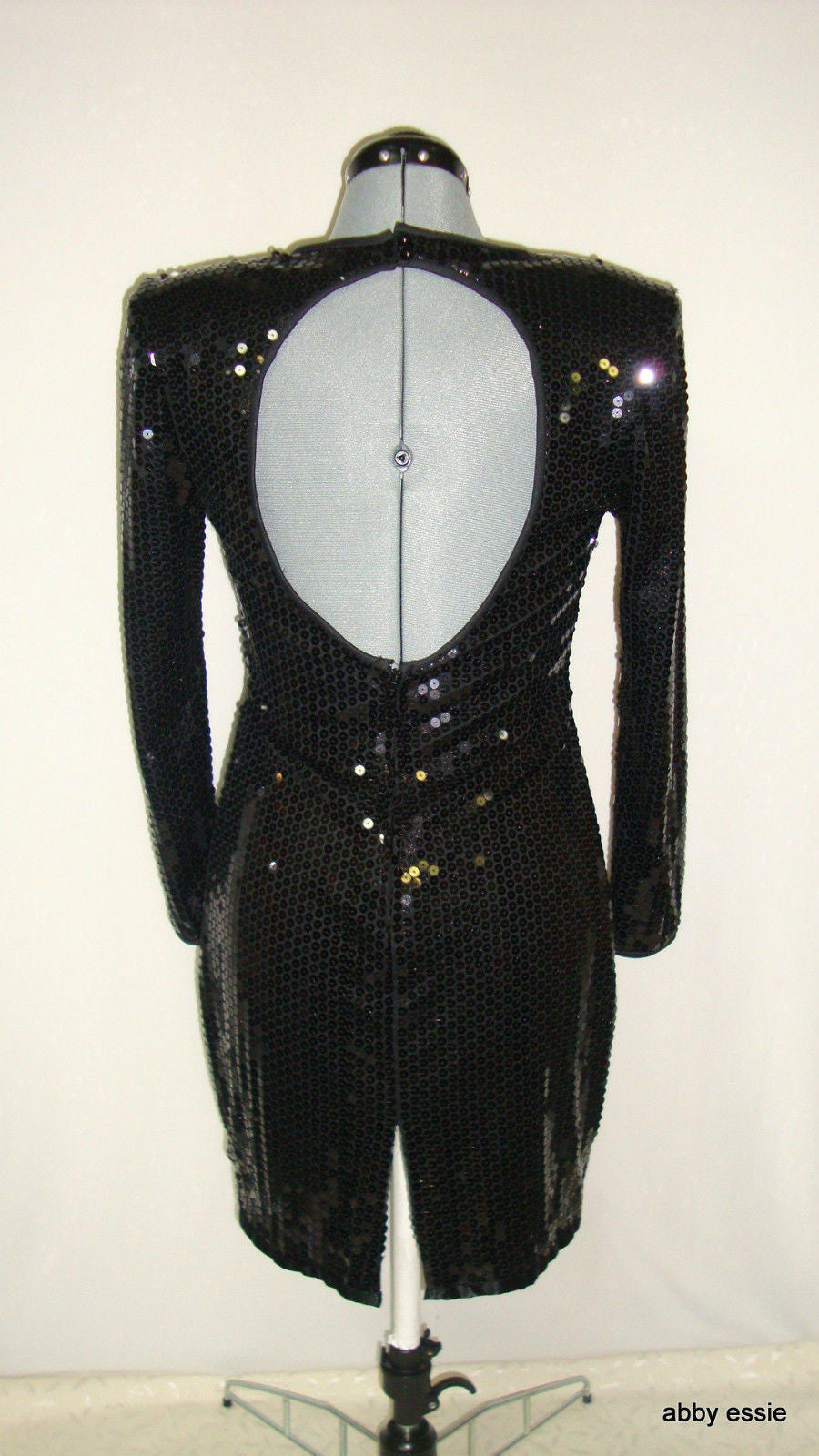 Vintage Black Sequin Stretch Open Back Wiggle Cocktail Dress 10 Medium Ld-2428 Abby Essie