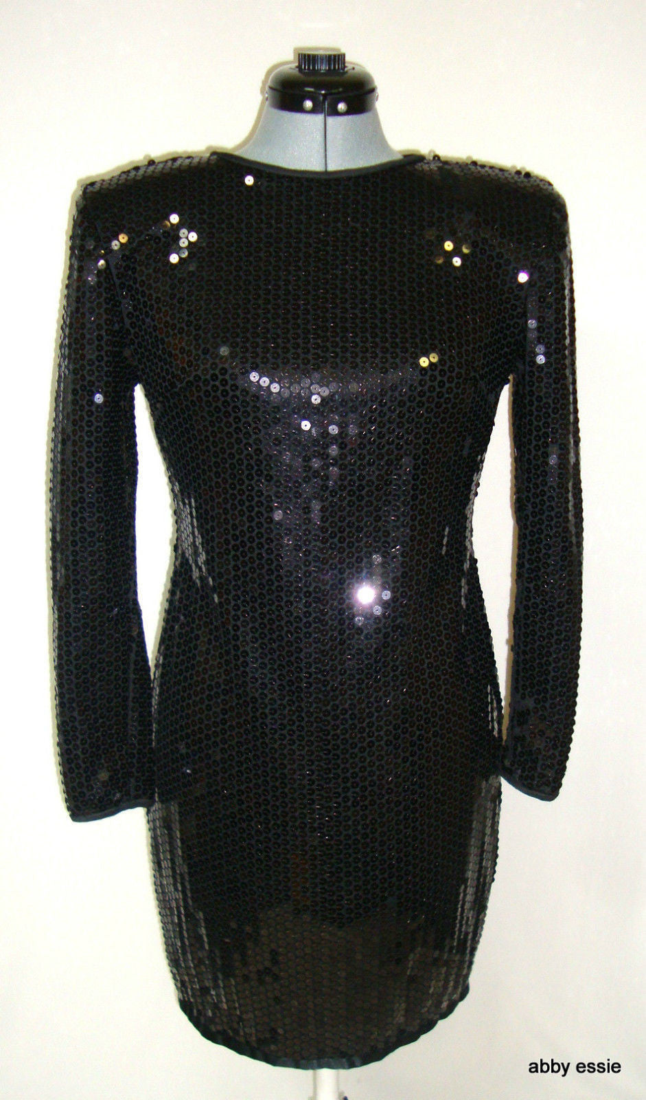 Vintage Black Sequin Stretch Open Back Wiggle Cocktail Dress 10 Medium Ld-2428 Abby Essie