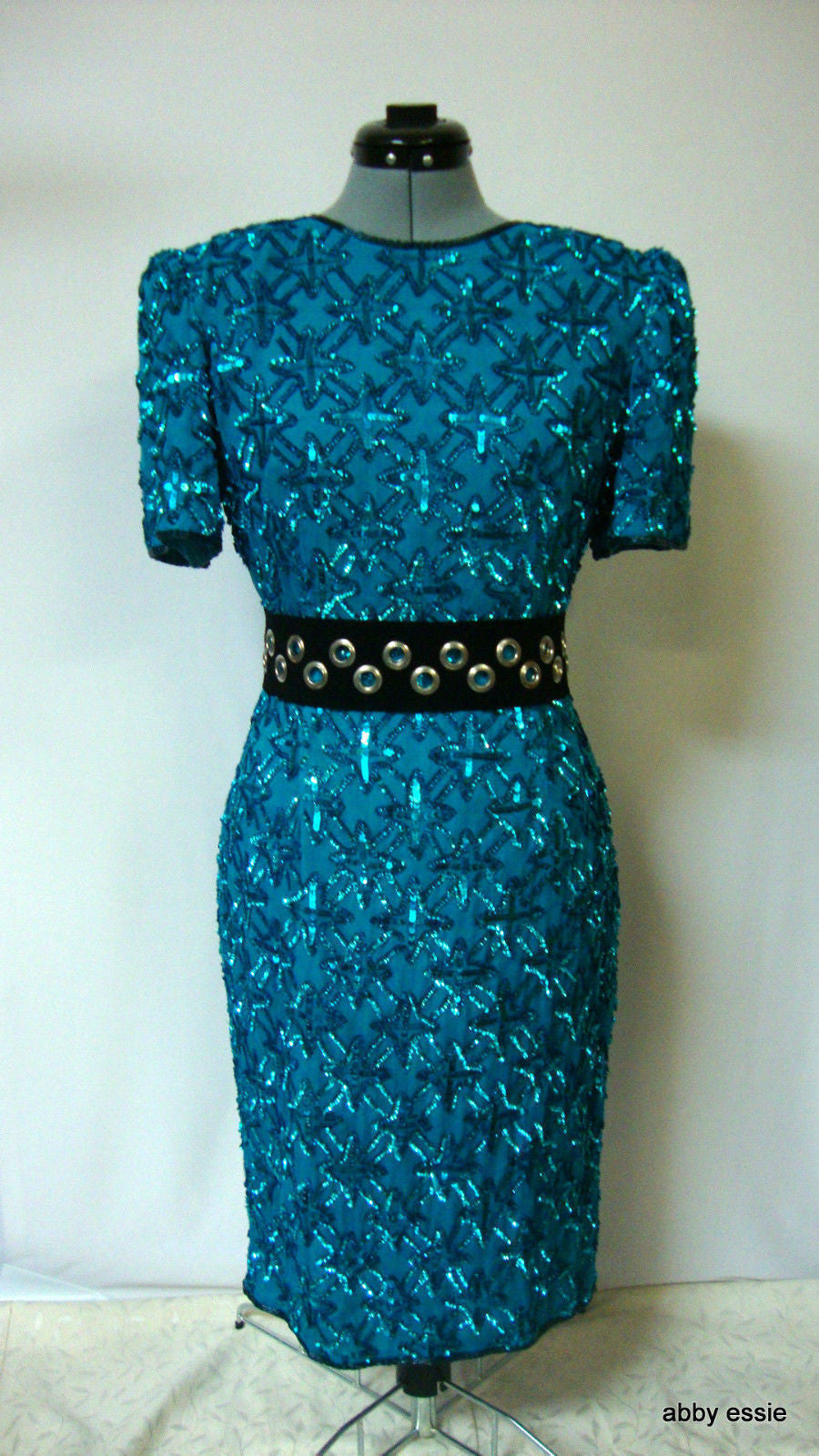 Vintage Stenay Blue Turquoise Sequin Silk Trophy Cocktail Dress Abby Essie