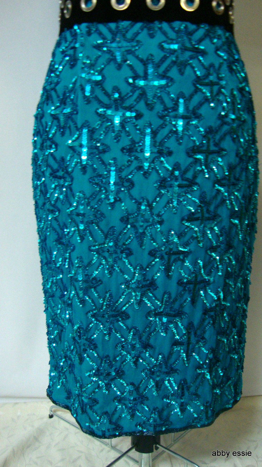 Vintage Stenay Blue Turquoise Sequin Silk Trophy Cocktail Dress Abby Essie