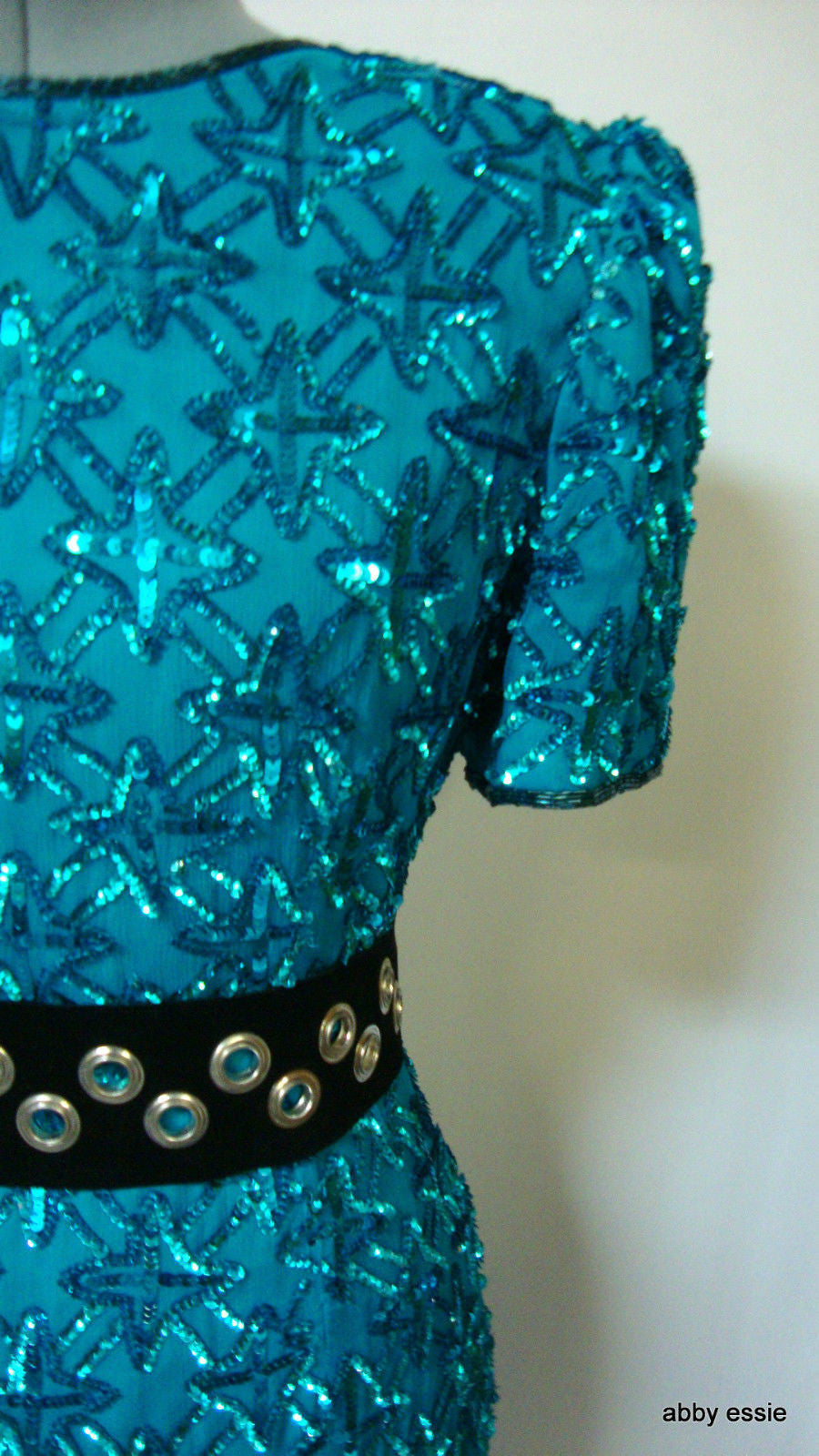 Vintage Stenay Blue Turquoise Sequin Silk Trophy Cocktail Dress Abby Essie