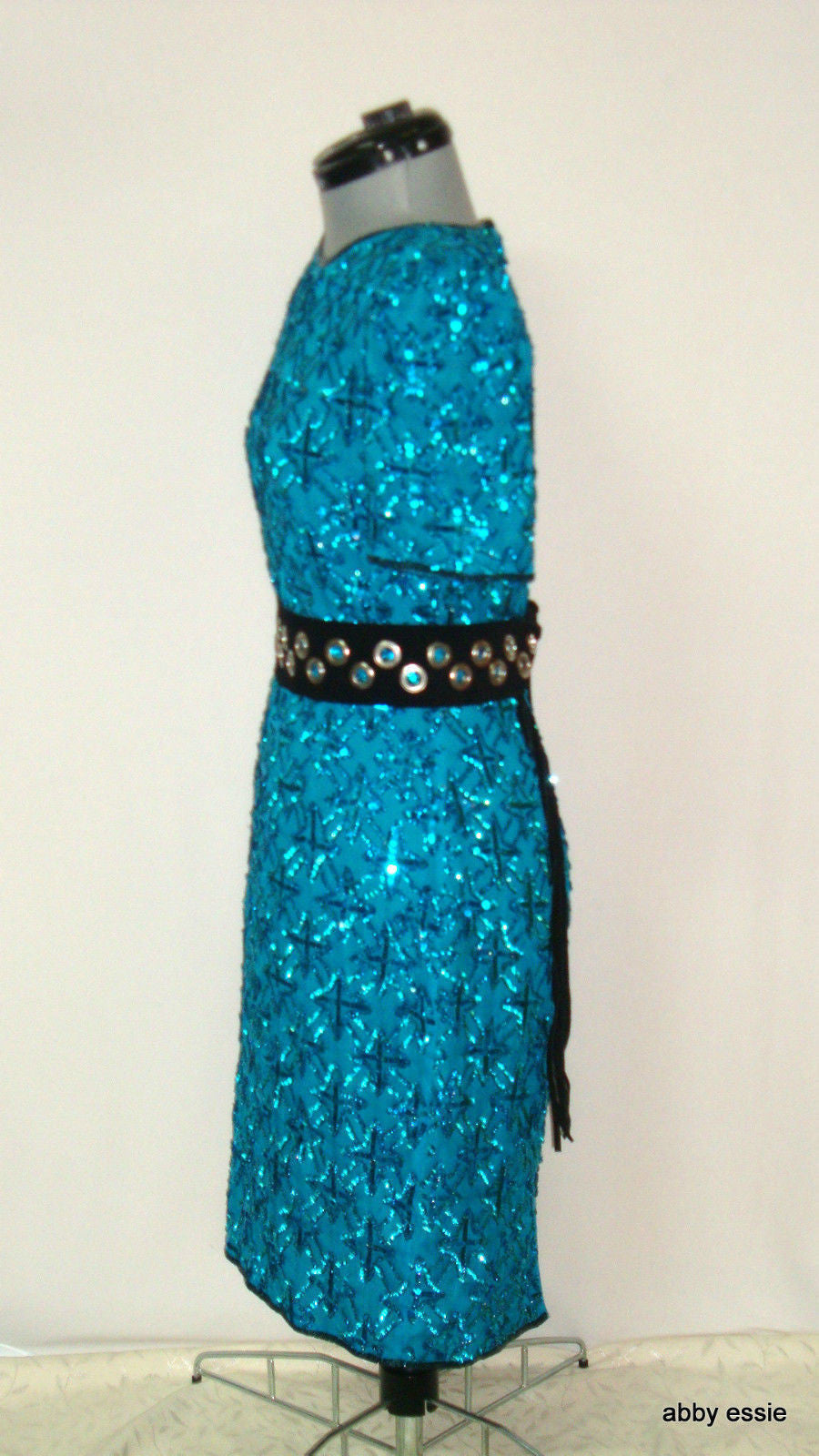 Vintage Stenay Blue Turquoise Sequin Silk Trophy Cocktail Dress Abby Essie