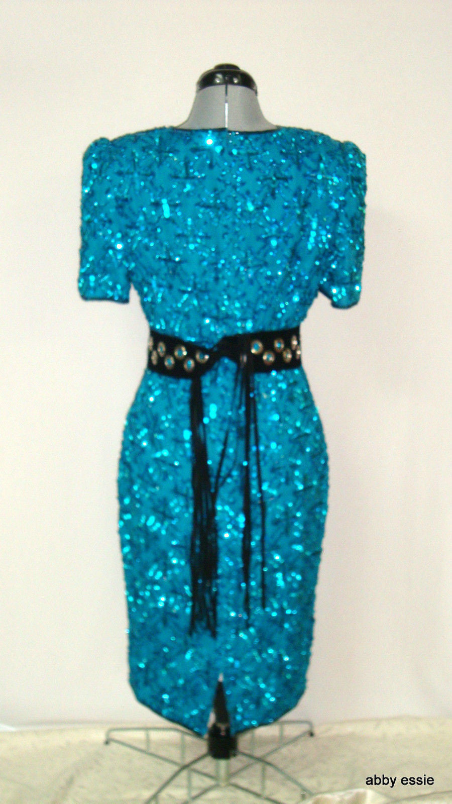 Vintage Stenay Blue Turquoise Sequin Silk Trophy Cocktail Dress Abby Essie