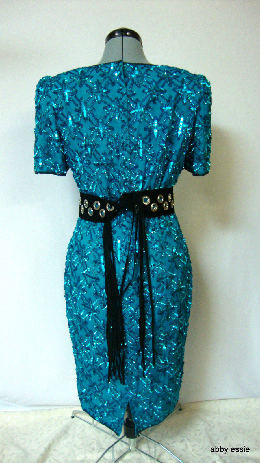 Vintage Stenay Blue Turquoise Sequin Silk Trophy Cocktail Dress Abby Essie