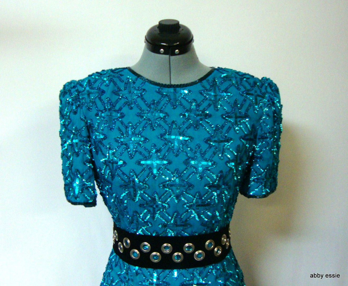 Vintage Stenay Blue Turquoise Sequin Silk Trophy Cocktail Dress Abby Essie