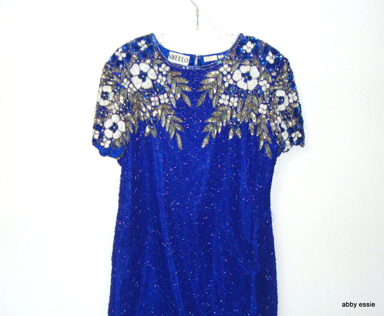 Vintage Royal Blue Silk Sequin Beaded Cocktail Dress Abby Essie