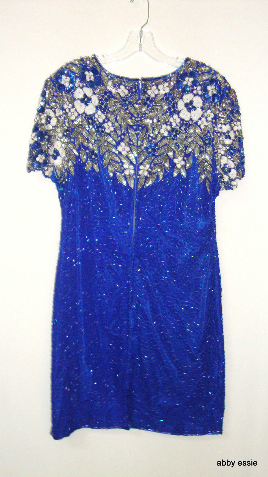 Vintage Royal Blue Silk Sequin Beaded Cocktail Dress Abby Essie