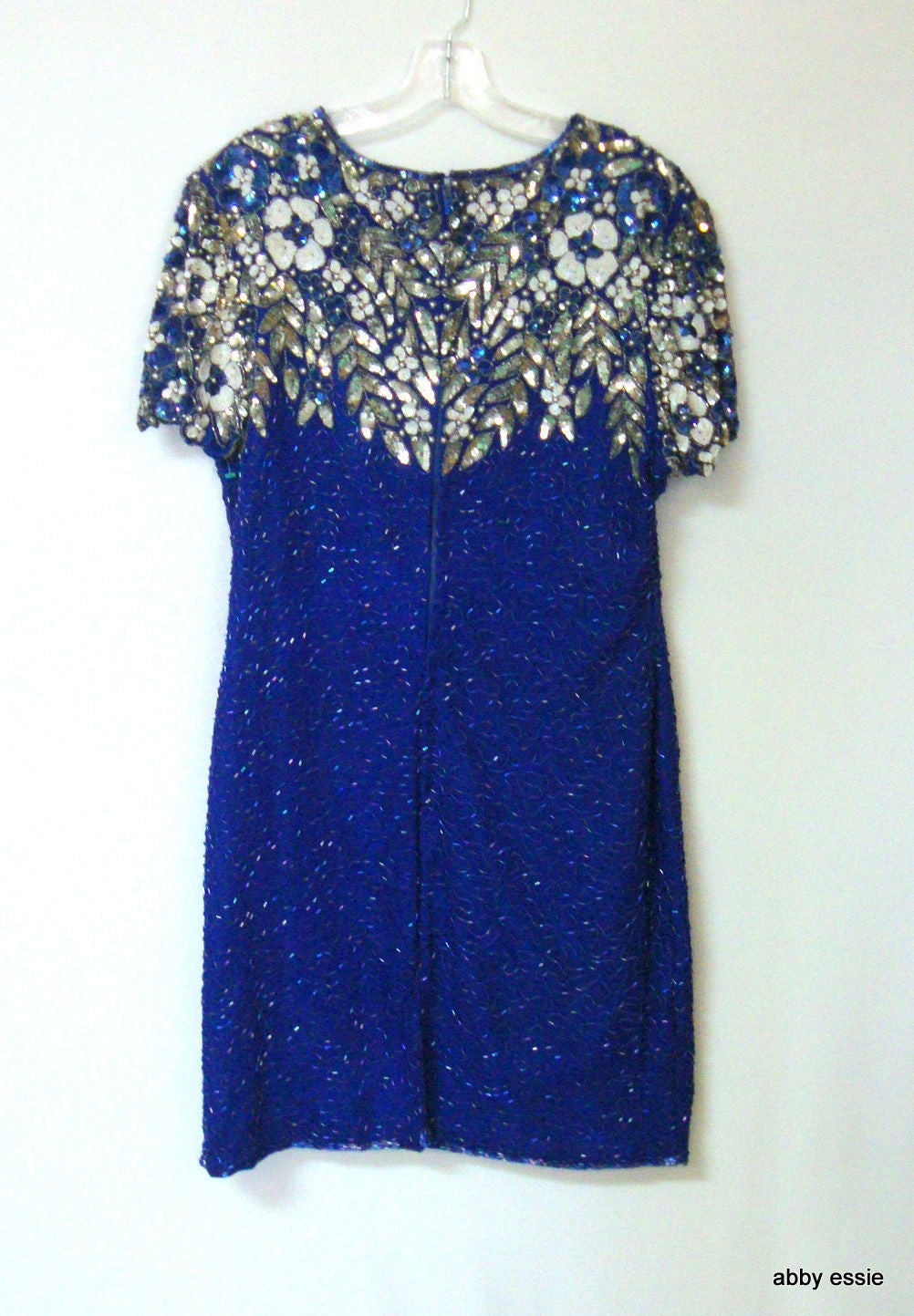 Vintage Royal Blue Silk Sequin Beaded Cocktail Dress Abby Essie