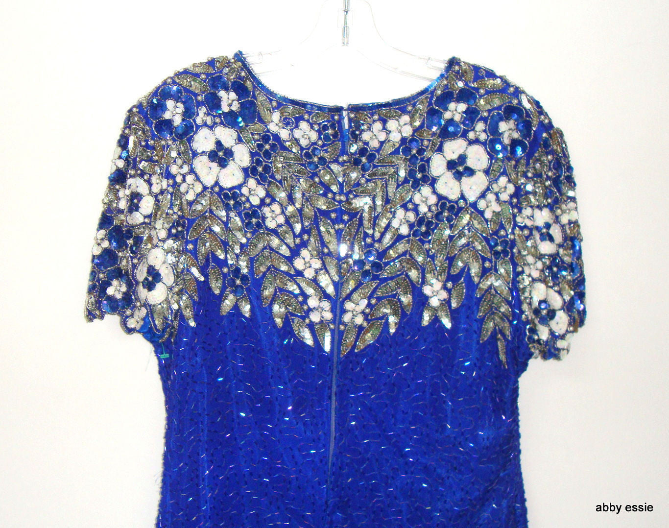 Vintage Royal Blue Silk Sequin Beaded Cocktail Dress Abby Essie
