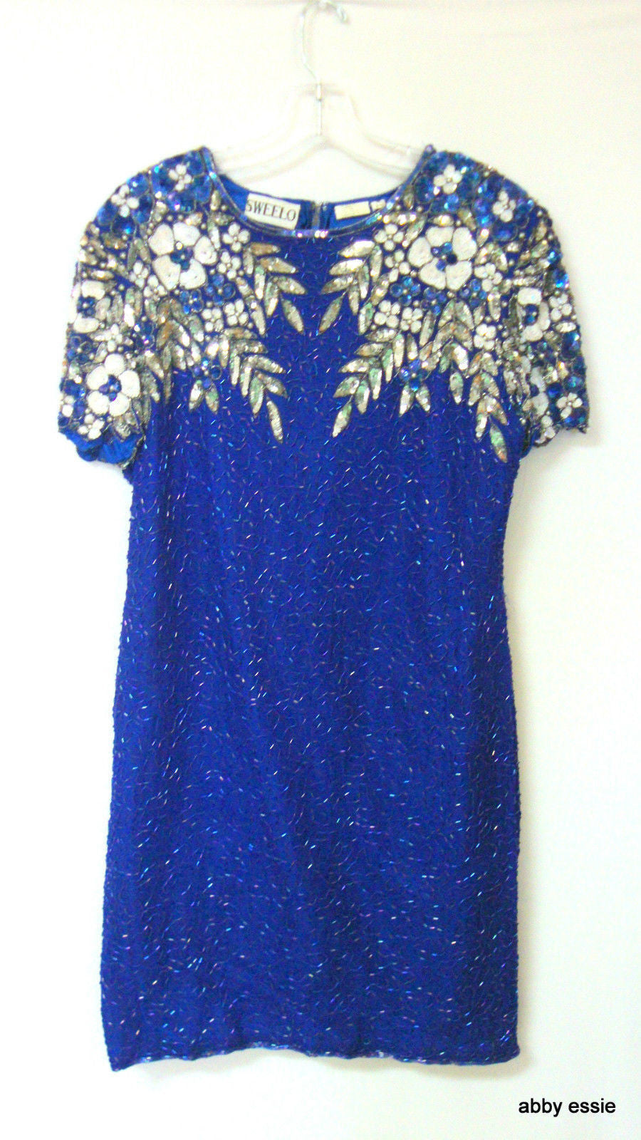 Vintage Royal Blue Silk Sequin Beaded Cocktail Dress Abby Essie