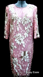 Rare Vintage Nina Couture Light Pink Sequined & Beaded Silk Deco Great Gatsby Flapper Gown Sz Medium Abby Essie