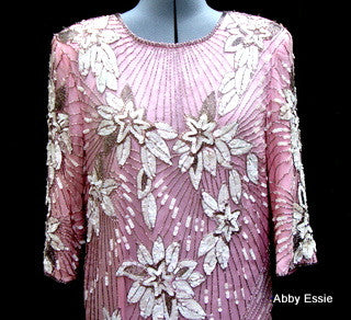 Rare Vintage Nina Couture Light Pink Sequined & Beaded Silk Deco Great Gatsby Flapper Gown Sz Medium Abby Essie